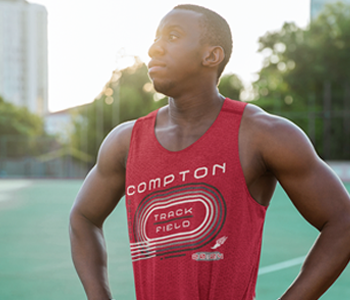 man wearing red tank top with track and field design