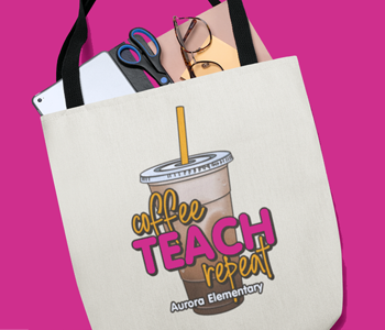 Image of heat transfer on tote bad with coffee cup and "coffee teach repeat, compton elementary" words