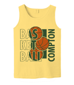 compton basketball with three basketballs geometric design in green and orange on yellow tank top