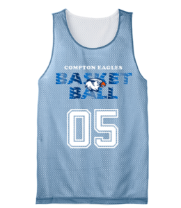 blue and white compton eagles basketball with eagle mascot design on blue mesh jersey with white 05 number