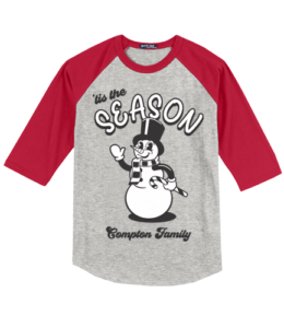 tis the season compton family design with snowman on grey and red baseball tee