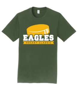 green t shirt with yellow and white eagles hockey classic design on it 