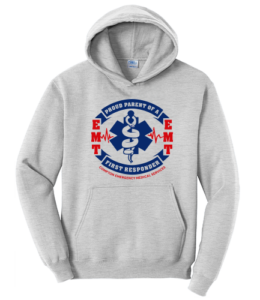 blue and red proud parent of a emt first responder compton emergency medical services design on grey hoodie