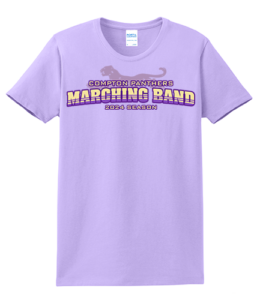 purple shirt with marching band logo on it