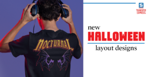 A man wearing headphones and a t-shirt with new Halloween layout designs.