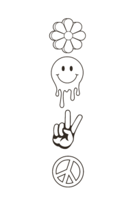 A black and white drawing of a peace sign and a smiley face, perfect for an apparel sleeve or leg design.