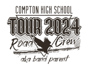 A black and white logo featuring the words "Tour 2020 Road Crew Oklahoma Band Parent" for marching band shirt designs.