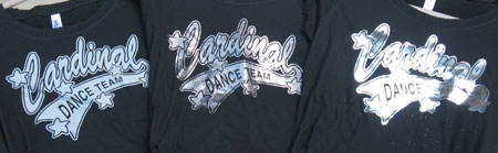 metallic ink, glitter ink and heat transfer foil on screen printed shirts