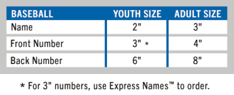 uniform number sizes for baseball