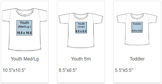 Sizing chart with several common sizes for design images added to t-shirts.  Learn more at TransferExpress.com